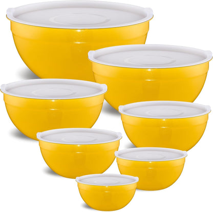 Yellow Mixing Bowls with Airtight Lids, Stainless Steel Nesting Mixing Bowls Set of 7, Ideal for Baking, Prepping and Serving Food, Size 7, 3.6, 2.7, 2.1, 1.5, 1.1,0.8 QT, Stackable Design1