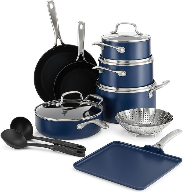 14 Piece Nonstick Cookware Set & 11" Griddle Pan, Diamond Ceramic Pots & Pans, Dishwasher & Metal Utensil Safe, Non Toxic Pfas-Free, Kitchen Cooking Sauce & Saute Pans, Oven 600F, Blue1