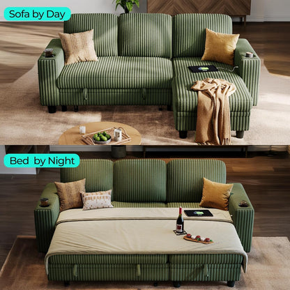 Sectional Sleeper Sofa Couch with Storage Chaise & USB Charging, Plush Corduroy Convertible Pullout Sofa Bed, Modular Sectional Couches for Living Room Bedroom (Green, 81'' L-Shaped Sofa)8