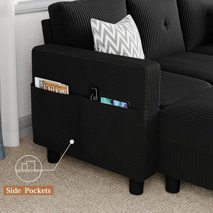Modern Upholstered Sectional Sofa, L-Shaped Couch with Storage Ottoman and Reversible Chaise for Living Room, Carbon Black Corduroy Fabric8