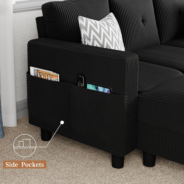 Modern Upholstered Sectional Sofa, L-Shaped Couch with Storage Ottoman and Reversible Chaise for Living Room, Carbon Black Corduroy Fabric8