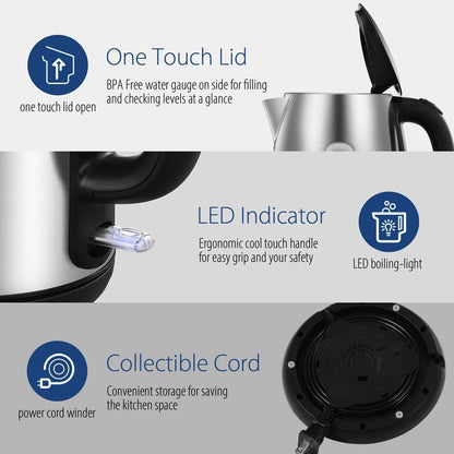 Stainless Steel Electric Kettle, 1.7 Liter Tea Kettle Electric & Hot Water Kettle, 1500W Fast Boil with LED Light, Auto Shut-Off and Boil-Dry Protection5