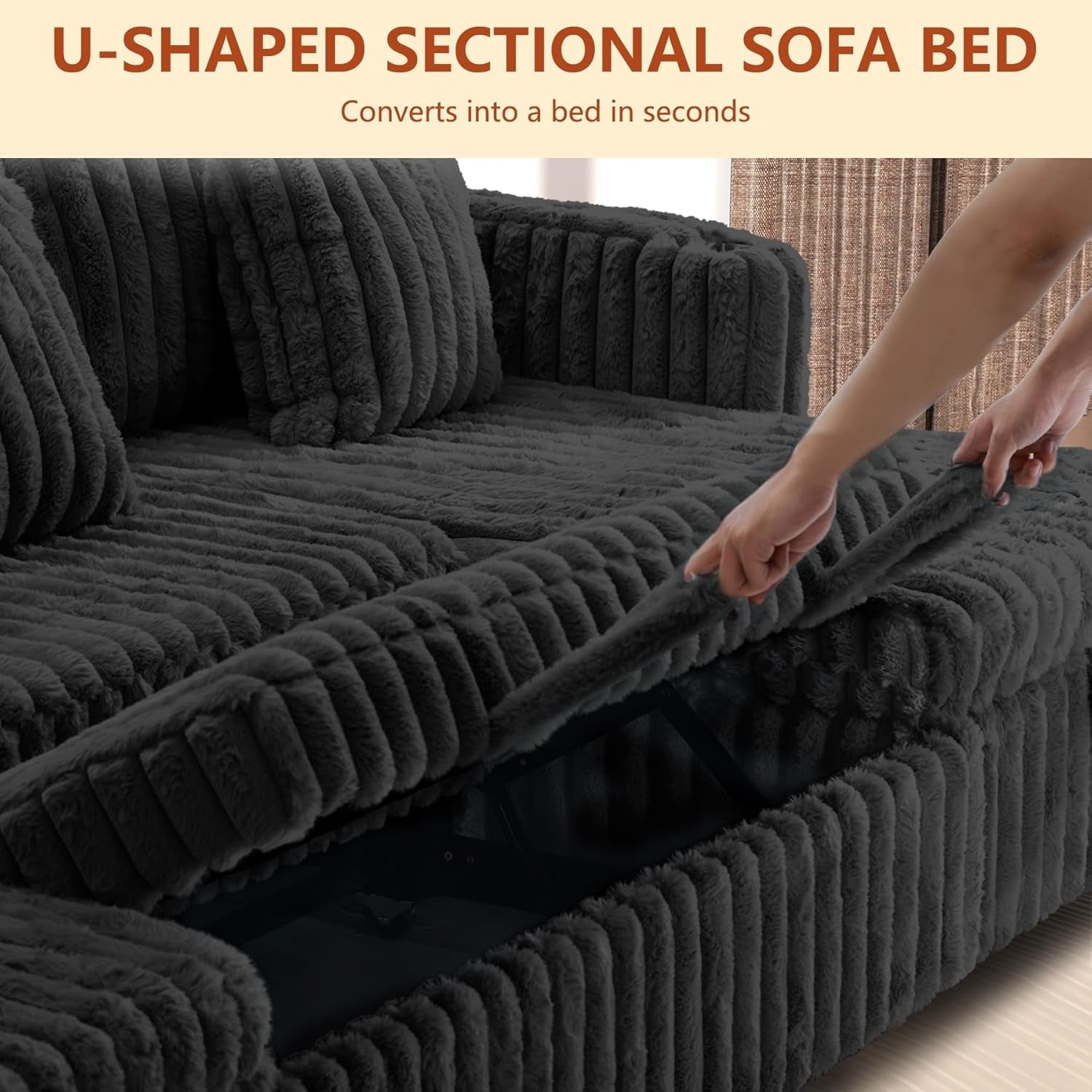 107-sectional-sleeper-sofa-with-pull-out-bed-storage-chaise-adjustable-backrest-usb-charger-cup-holder-side-pocket-fluffy-soft-corduroy-u-shaped-couch-for-living-room-black