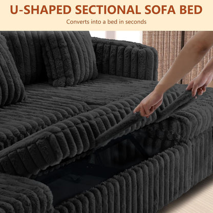 107'' Sectional Sleeper Sofa with Pull Out Bed, Storage Chaise, Adjustable Backrest, USB Charger, Cup Holder & Side Pocket, Fluffy Soft Corduroy U Shaped Couch for Living Room, Black9