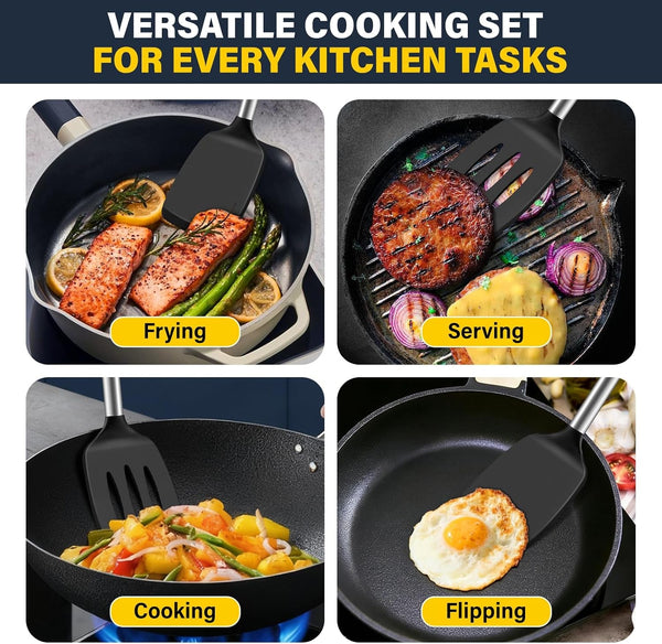 2 Pack Silicone Spatula Set, Solid & Slotted Turner for Non-Stick Pans, High Heat Resistant Silicone Spatula for Cooking, Bpa-Free Stainless Steel Cooking Utensils for Fish, Eggs, Pancakes, Black7