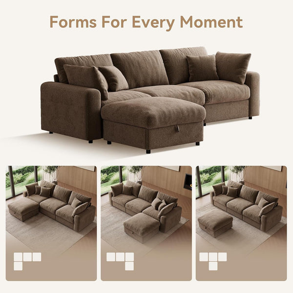 110” Cloud Sectional Couches for Living Room, Modular Sectional Sofa with Deep Seat, Convertible L-Shape Couch with Storage Ottoman for Bedroom Apartment, Chenille (Brown)8
