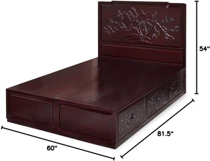Dark Cherry Elmwood Flower and Bird Queen Size Oriental Platform Bed with Drawers2