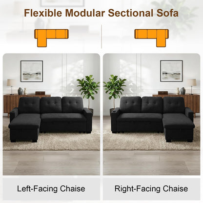 82" L Shaped Sleeper Sofa Bed, Pull Out Sectional Couch with Storage Chaise/Reclining Backrest, Sectional Couches for Living Room with USB Port, Foldable Table, Cup Holder, Side Pocket, Black7