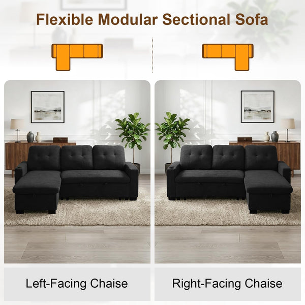 82" L Shaped Sleeper Sofa Bed, Pull Out Sectional Couch with Storage Chaise/Reclining Backrest, Sectional Couches for Living Room with USB Port, Foldable Table, Cup Holder, Side Pocket, Black7