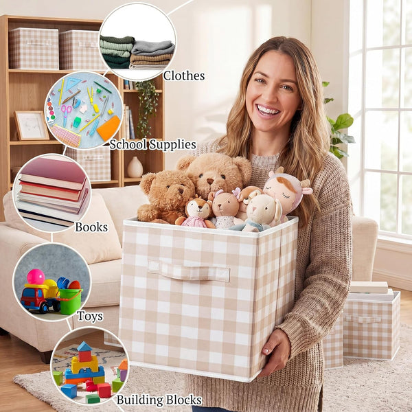 6 Pcs Beige Gingham Cube Storage Bins, 11 Inch Fabric Checkered Classroom Storage Bins Organizer with Handle Preppy Collapsible Cubby Basket for Classroom Home Nursery Playroom Bedroom7