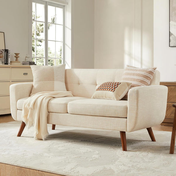 65" W Loveseat Sofa, Mid Century Modern Decor Love Seat Couches for Living Room, Button Tufted Upholstered Small Couch for Bedroom, Solid and Easy to Install Love Seats Furniture, Beige1