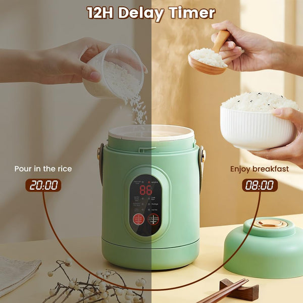 Rice Cooker Small, 500W Rice Maker, 12 Hours Timer Delay & Keep Warm Function, Mini Electric Pot, 800ML Mini Rice Cooker for Travel, Camping, Office (US Plug 110V), Green4