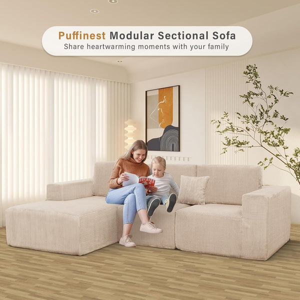 111" Boneless Couches for Living Room 3-Piece Cloud Couch Modular Sectional Deep Seat Compressed Couches for Living Room Bedroom Plush Corduroy Fabric No Assembly Required, Khaki8