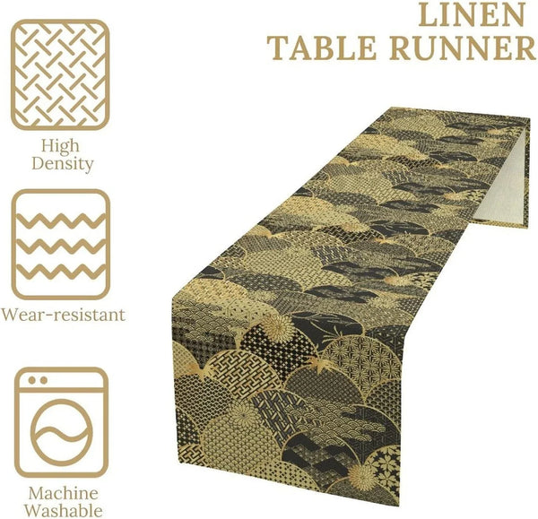Japanese Table Runner,Gold Vintage Traditional Oriental Geometric Line Chinese Style Table Runner for Home Party Kitchen Dining Table Wedding Decor 13X90In4