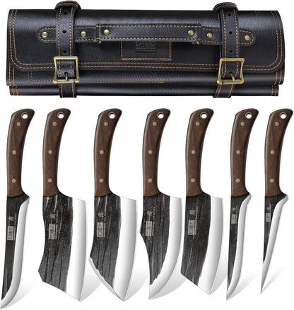 Butcher Knife Set, Sharp Kitchen Knife Set & Roll Bag Gift for Men | Hand Forged 8PCS Butcher Chef Knife Set with Meat Cleaver Knife & Bone Chopper Knives & Fillet Knives for Home, Camping, BBQ1