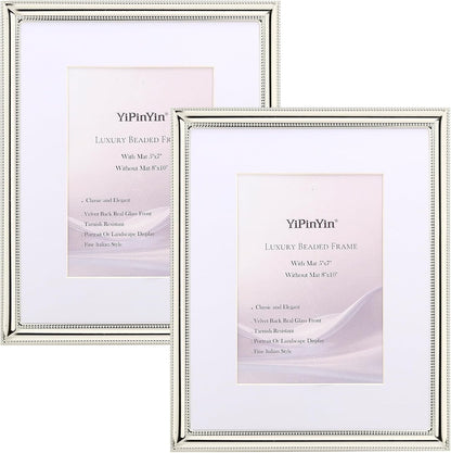 Classy Silver Plated 8X10'' Metal Picture Frame 2 Pack,Classic Beaded Frame 8X10'' Mat 5X7'',Real Glass Front and Velvet Backing,Perfect Gifts and Treasured Memories9