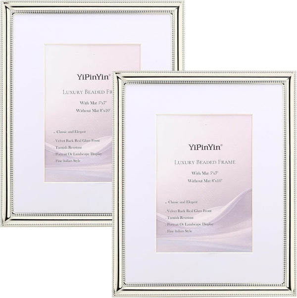 Classy Silver Plated 8X10'' Metal Picture Frame 2 Pack,Classic Beaded Frame 8X10'' Mat 5X7'',Real Glass Front and Velvet Backing,Perfect Gifts and Treasured Memories9