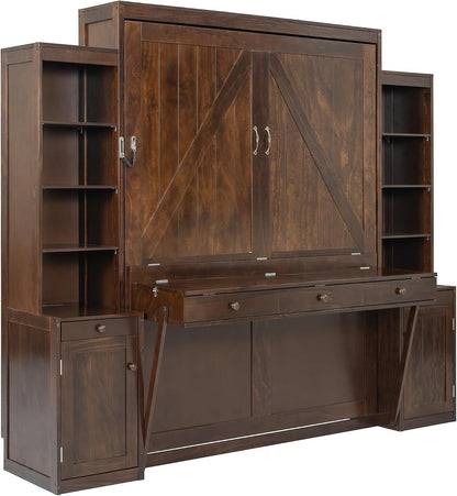 Queen Size Murphy Bed with 2 LED Lights,Desk & Storage, Space-Saving Wood Wall Bed with Cabinets & Drawers, Dark Brown9