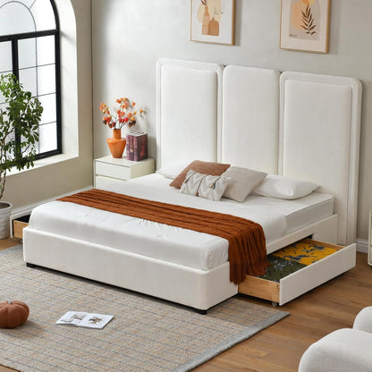 King Storage Drawers Bed with 64" Upholstered Headboard，Cream1