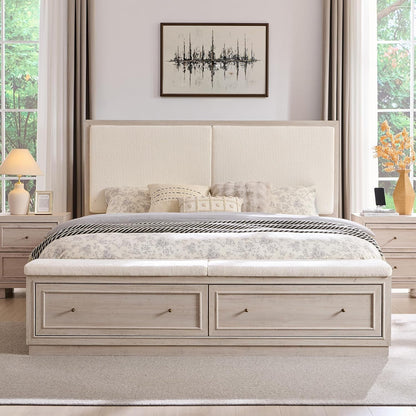 King Bed Frame W/Upholstered Headboard,Storage Bench,White Alder3