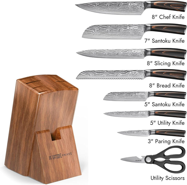 Yatoshi 9 Piece Block Set Classic- Pro Kitchen Knife Set Ultra Sharp High Carbon Steel with Ergonomic Handle+2