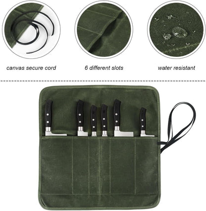 Knife Roll Bag, Chef’S Knife Roll Bag, Heavy Duty Chef Knife Roll Bag with 6 Slots, Waxed Canvas Knife Bag Roll, Knife Pouch Holder for Home, Kitchen, Grill (Green)4