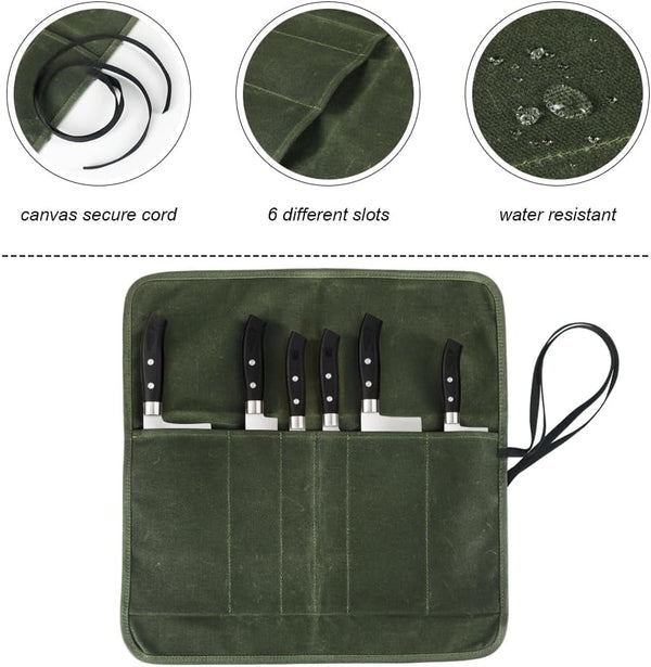 Knife Roll Bag, Chef’S Knife Roll Bag, Heavy Duty Chef Knife Roll Bag with 6 Slots, Waxed Canvas Knife Bag Roll, Knife Pouch Holder for Home, Kitchen, Grill (Green)4