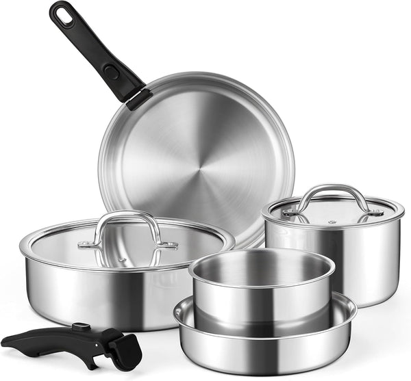 9Pcs Stainless Steel Cookware Set, 3-Ply Pots and Pans Set W/Detachable Handle & Lid, Induction Cookware Kitchen Cooking Set for RV Camping, Nontoxic Whole Clad Frying/Saute/Sauce Pan, Oven Safe1