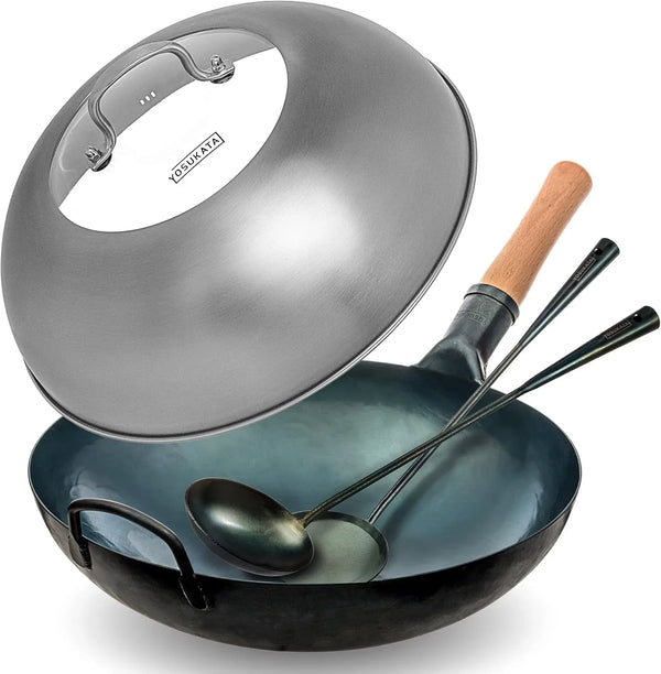 Blue round Bottom Wok Pan 14" + Wok Lid 13.6 Inch - Stainless Wok Cover with Tempered Glass Insert Steam Holes + Blue Carbon Steel 17-Inch Wok Spatula, Wok Ladle, 3 Pairs of Chopsticks1