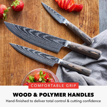 X Bobby Flay 3 Piece Knife Set, Pairing Utility & Chef’S Knife, Premium Stainless Steel Blades, Precision Cutting Kitchen Tools, Hand Finished Ergonomic Wood Handle, Damascus Steel Design7