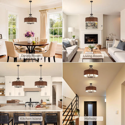 20'' Farmhouse Chandeliers for Dining Room, 6-Light Rustic Chandelier Foyer Lighting Fixtures with Drum Shade, Wood Grain Drum Chandeliers Hanging Light Fixture for Living Room Entryway Hallway2