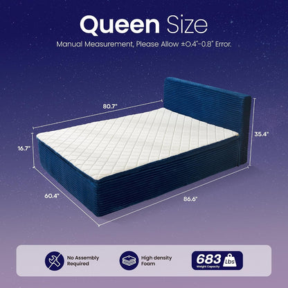 Queen Boneless Bed Frame with Mattress, 16 Inch Memory Foam Mattress with Plush Fabric Upholstered Bed Frame Platform, No Assembly Required,Cool Night & Relieve Pressure with Medium Support, Blue2