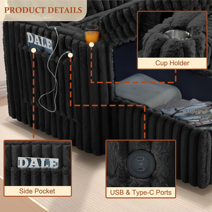 107'' Sectional Sleeper Sofa with Pull Out Bed, Storage Chaise, Adjustable Backrest, USB Charger, Cup Holder & Side Pocket, Fluffy Soft Corduroy U Shaped Couch for Living Room, Black5