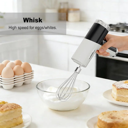 Electric Hand Mixer with 9 Speeds, Powerful Motor, Cordless Hand Mixer with Whisk, Dough Hook and Mixing Rod for Whipping Eggs, Cream, Butter, Jam, Kneading Dough and Blending (White+Black)6