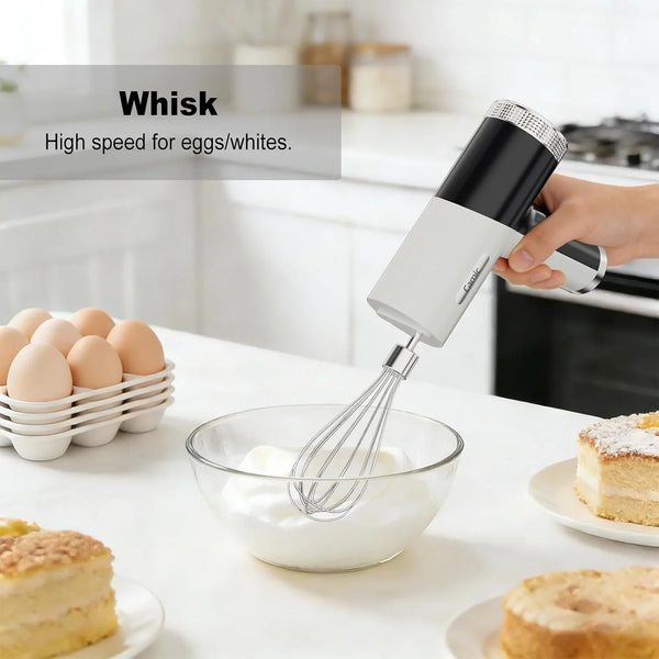 Electric Hand Mixer with 9 Speeds, Powerful Motor, Cordless Hand Mixer with Whisk, Dough Hook and Mixing Rod for Whipping Eggs, Cream, Butter, Jam, Kneading Dough and Blending (White+Black)6