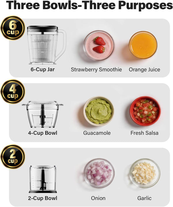 3-In-1 Small Food Processor/Blender, 400W Powerful Food Chopper with 6-Cup Jar, 4-Cup Processor Bowl & 2-Cup Chopper Bowl, for Food Prep, Smoothies and Milkshakes3