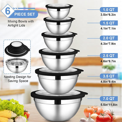 Stainless Steel Mixing Bowls with Transparent Airtight Lids Set of 62