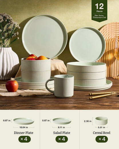 Ceramic Plates and Bowls Set, Dinnerware Sets, Ribbed Dishes for 46