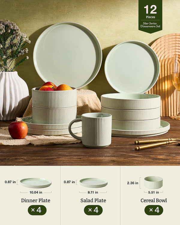 Ceramic Plates and Bowls Set, Dinnerware Sets, Ribbed Dishes for 46