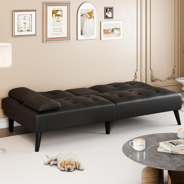 64" Futon Sofa Bed, Small Loveseat with 2 Cup Holders, PU Leather, Black6