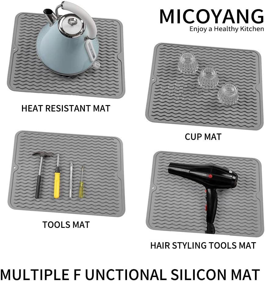 silicone-dish-drying-mat-grey-16-12-quick-dry-ridges-heat-resistant-trivet-to-450-f-non-slip-dishwasher-safe-roll-up-storage-18-colors-9-sizes-available
