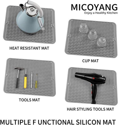 Silicone Dish Drying Mat, Grey, 16"×12" | Quick-Dry Ridges, Heat-Resistant Trivet to 450°F, Non-Slip & Dishwasher Safe, Roll-Up Storage, 18 Colors & 9 Sizes Available5