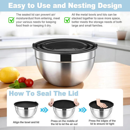 Mixing Bowls, Stainless Steel Nesting Salad Bowls & Airtight Lids7