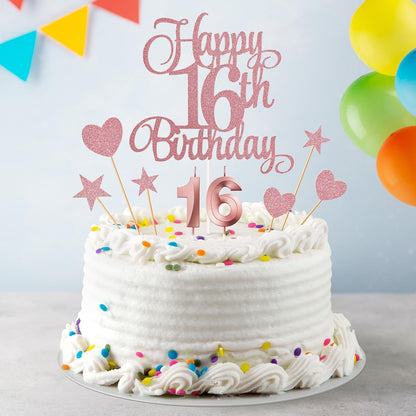 16Th Birthday Cake Decorations, 16Th Birthday Candles Cake Numeral Candles and Glitter Happy 16Th Birthday Cake Toppers Set for Birthday Party Supplies (Rose Gold)5