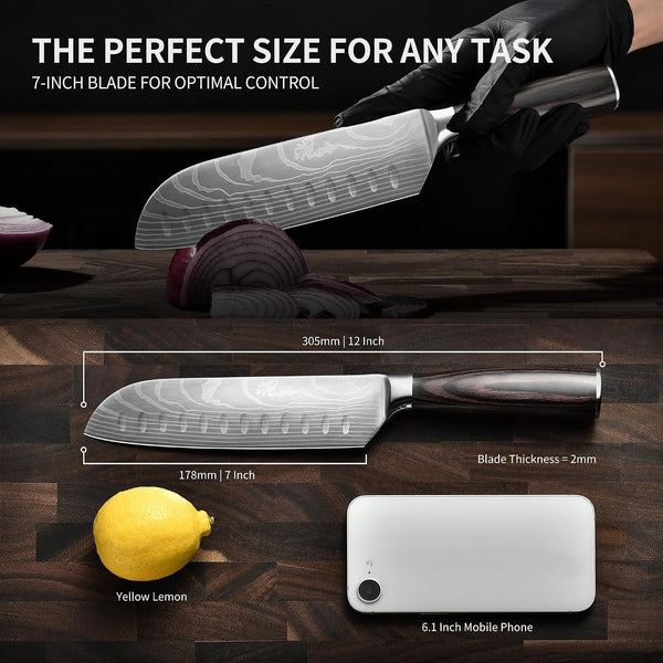 Santoku Knife 7 Inch - Ultra Sharp Japanese Steel Kitchen Knife, All-Purpose Chef Knife with Ergonomic Handle, Perfect for Slicing, Dicing, and Chopping, Luxury Gift Box Included2