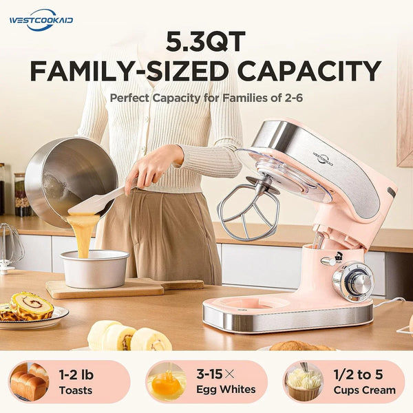 Electric Stand Mixer 5.3QT 6+P Tilt-Head Speed Pink | Standing Food Mixer with Egg Cream Whisk, Dough Hook & Flat Beater, Perfect Bread Dough Mixer for Home Baking and Daily Use3
