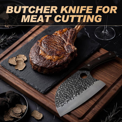 Butcher Knife Set 3PCS, Hand Forged Serbian Chef Knife & Meat Cleaver & Viking Knife, Food Cutting Kitchen Knife for Home, Outdoor Cooking, Camping BBQ Gift for Men9