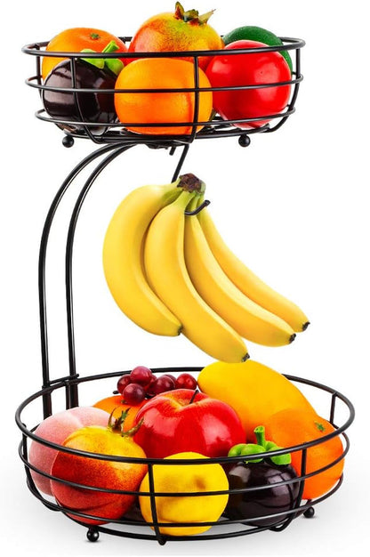 Iron 2-Tier Countertop Fruit Vegetables Basket Bowl Storage with Banana Hanger, Black, 64 Ounces1