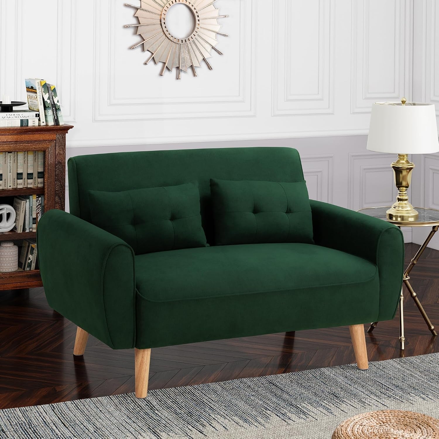 48-loveseat-sofa-mid-century-modern-upholstered-couch-deep-seat-with-2-pillows-10-thick-cushion-with-spring-solid-wood-frame-small-couch-for-living-room-dorms-office-green