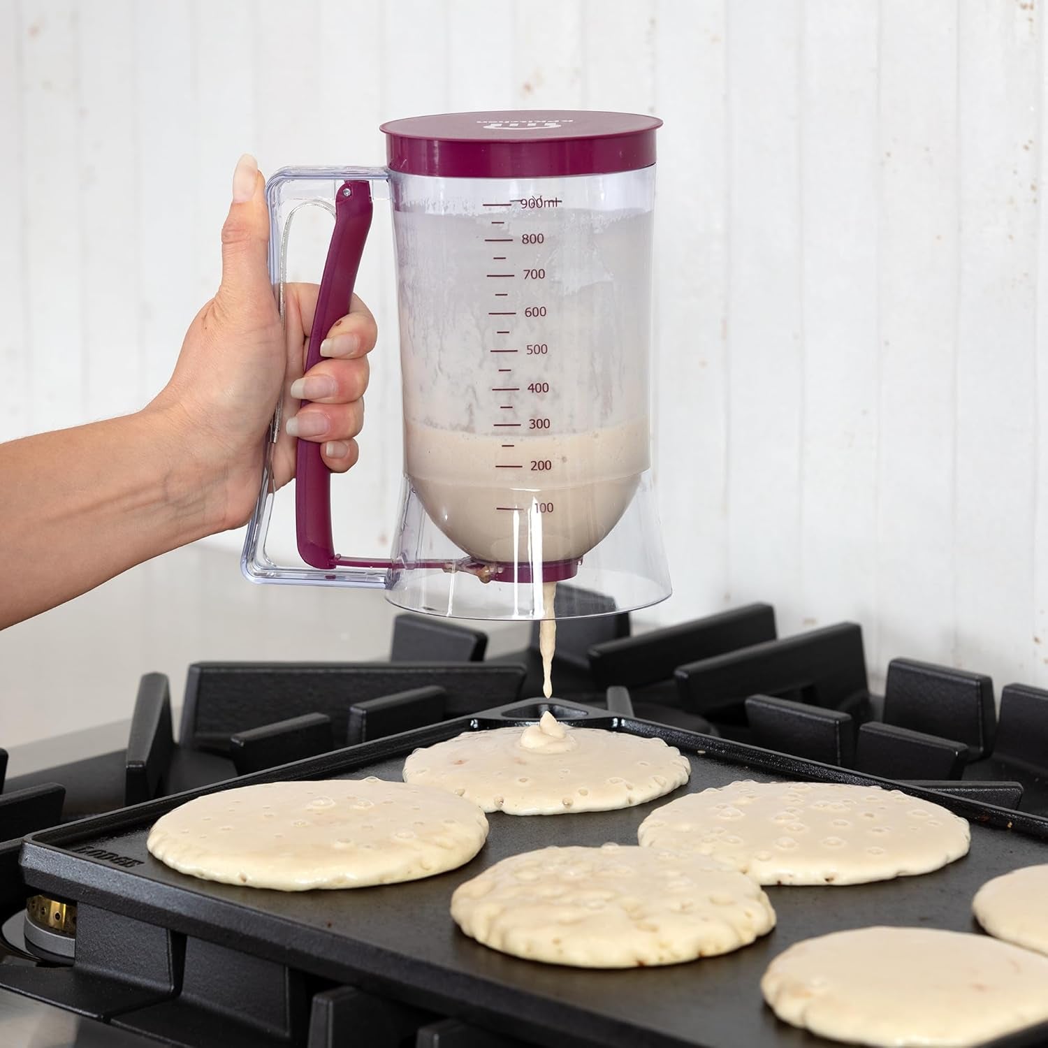 pancake-batter-dispenser-squeeze-handle-for-pancakes-waffles-cupcakes-griddle-use-cake-crepe-and-muffin-batter-measuring-marks-easy-portion-control-mess-free-pouring-4-cup-capacity-purple
